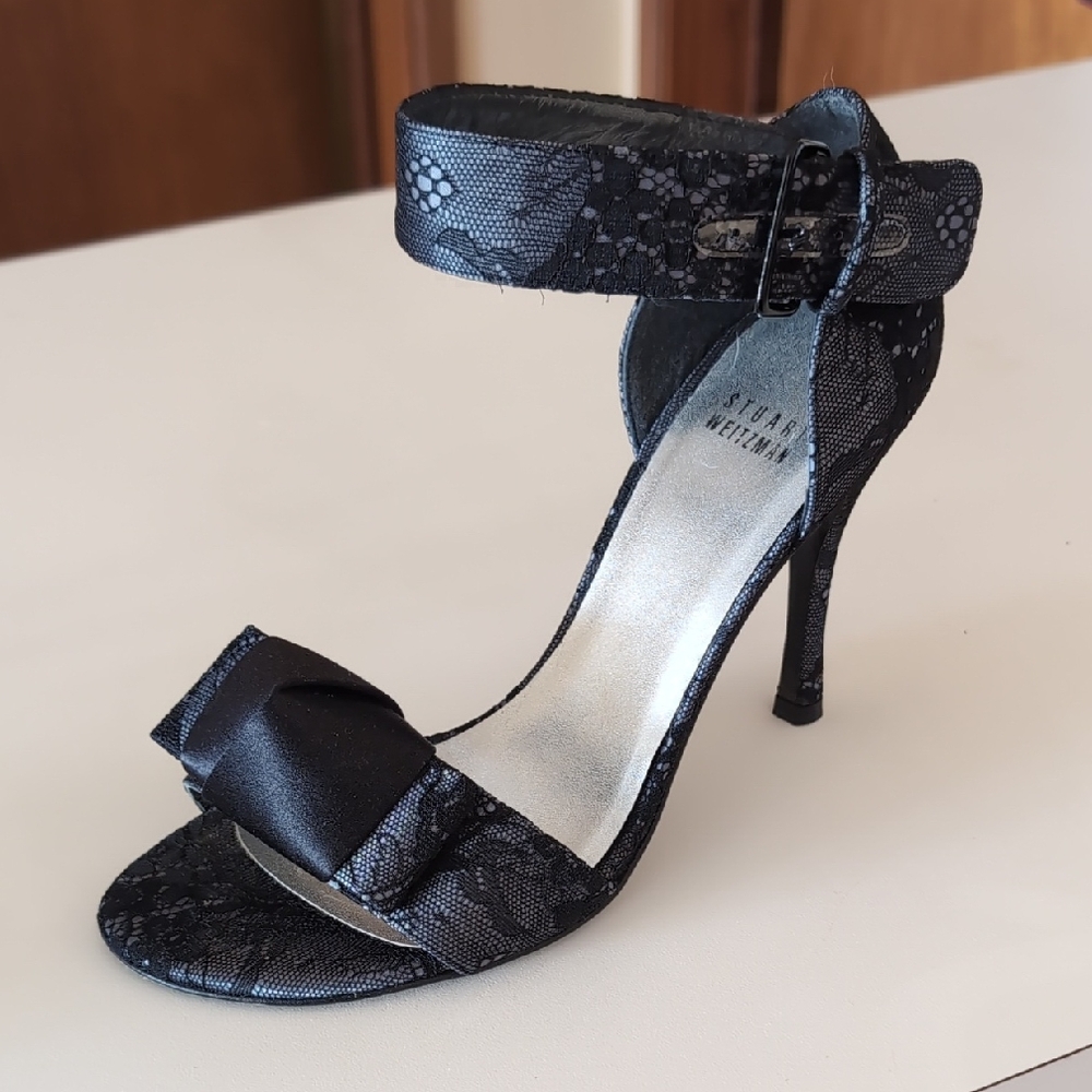 Stuart Weitzman Navy & Black Lace Ankle Strap Heels Wowbow Night Luxe Lace